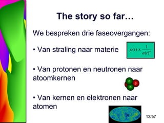 The story so far…
We bespreken drie faseovergangen:
• Van straling naar materie

(t )

1
a (t ) n

• Van protonen en neutronen naar
atoomkernen
• Van kernen en elektronen naar
atomen
13/57

 