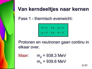 Van kerndeeltjes naar kernen
Fase 1 - thermisch evenwicht:
n

p e

p

n e

Protonen en neutronen gaan continu in
elkaar over.
Maar:

mp = 938.3 MeV
mn = 939.6 MeV
21/57

 
