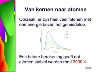 Van kernen naar atomen
Oorzaak: er zijn heel veel fotonen met
een energie boven het gemiddelde.

Een betere berekening geeft dat
atomen stabiel worden rond 3000 K.
35/57

 