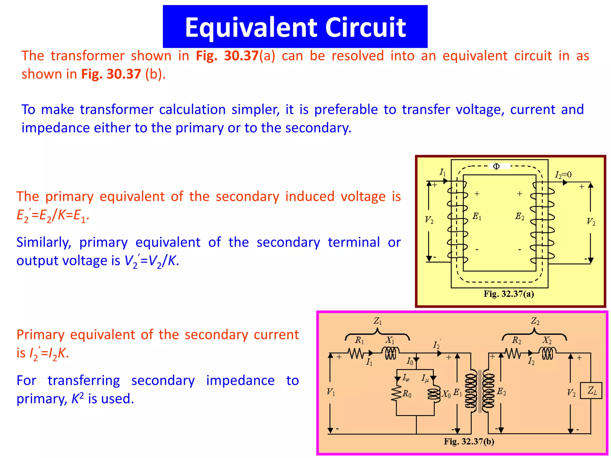 Equivalent Circuit
The transformer shown in Fig. 30.37(a) can be resolved into an equivalent circuit in as
shown in Fig. 30.37 (b).
To make transformer calculation simpler, it is preferable to transfer voltage, current and
impedance either to the primary or to the secondary.
The primary equivalent of the secondary induced voltage is
E2
’=E2/K=E1.
Similarly, primary equivalent of the secondary terminal or
output voltage is V2
’=V2/K.
Primary equivalent of the secondary current
is I2
’=I2K.
For transferring secondary impedance to
primary, K2 is used.
 