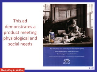 This ad
demonstrates a
product meeting
physiological and
social needs
Marketing in Action
5 - 22
 
