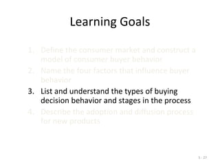 5 - 27
Learning Goals
1. Define the consumer market and construct a
model of consumer buyer behavior
2. Name the four factors that influence buyer
behavior
3. List and understand the types of buying
decision behavior and stages in the process
4. Describe the adoption and diffusion process
for new products
 