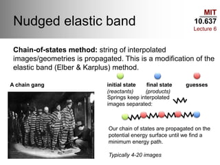 MIT
10.637
Lecture 6
Nudged elastic band
Chain-of-states method: string of interpolated
images/geometries is propagated. This is a modification of the
elastic band (Elber & Karplus) method.
A chain gang initial state final state guesses
(reactants) (products)
Springs keep interpolated
images separated:
Our chain of states are propagated on the
potential energy surface until we find a
minimum energy path.
Typically 4-20 images
 