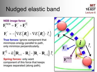 MIT
10.637
Lecture 6
Nudged elastic band
i
Fi
NEB
Fi
S
Fi
^
Fi
ˆti
Fi
NEB
= Fi
^
+Fi
S
Fi
^
= - ÑE Ri( )-ÑE Ri( )× ˆti( )
Fi
S
= k Ri+1 -Ri - Ri -Ri-1( ) ˆti
Spring forces: only want
component of this force that keeps
images separated (along path).
True forces: ignore component that
minimizes energy parallel to path,
only minimize perpendicularly.
NEB image force:
 
