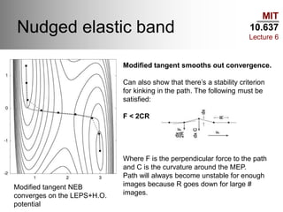MIT
10.637
Lecture 6
Nudged elastic band
Modified tangent NEB
converges on the LEPS+H.O.
potential
Modified tangent smooths out convergence.
Can also show that there’s a stability criterion
for kinking in the path. The following must be
satisfied:
F < 2CR
Where F is the perpendicular force to the path
and C is the curvature around the MEP.
Path will always become unstable for enough
images because R goes down for large #
images.
 