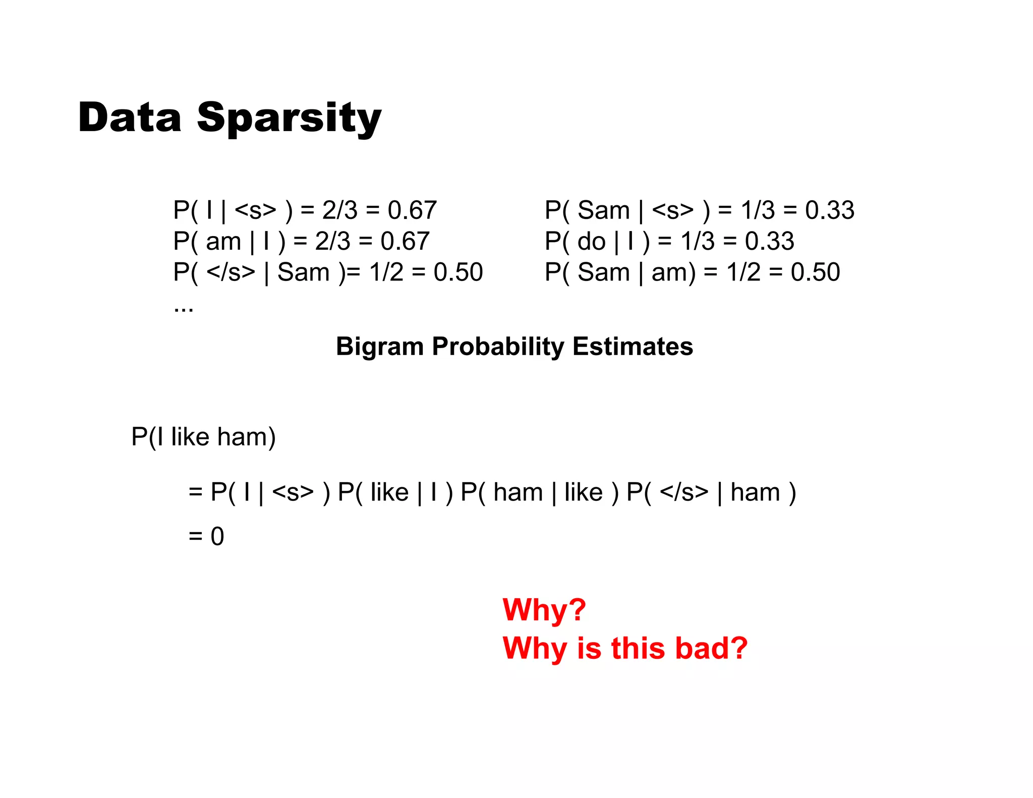 Data Sparsity
P(I like ham)
= P( I | <s> ) P( like | I ) P( ham | like ) P( </s> | ham )
= 0
P( I | <s> ) = 2/3 = 0.67 P( Sam | <s> ) = 1/3 = 0.33
P( am | I ) = 2/3 = 0.67 P( do | I ) = 1/3 = 0.33
P( </s> | Sam )= 1/2 = 0.50 P( Sam | am) = 1/2 = 0.50
...
Bigram Probability Estimates
Why?
Why is this bad?
 
