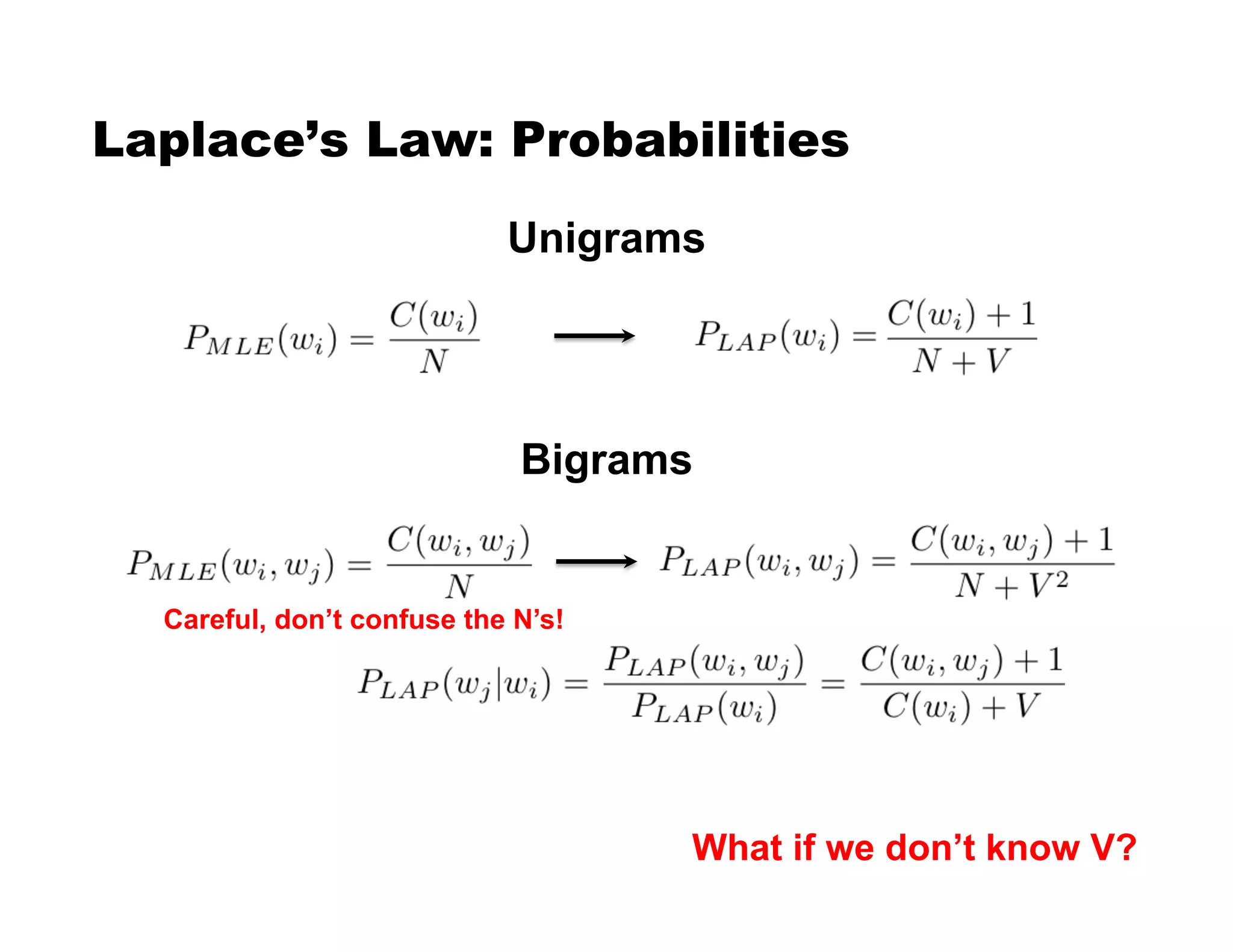 Laplace’s Law: Probabilities
Unigrams
Bigrams
What if we don’t know V?
Careful, don’t confuse the N’s!
 