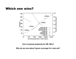 Which one wins?
Can’t compute perplexity for SB. Why?
Why do we care about 5-gram coverage for a test set?
 