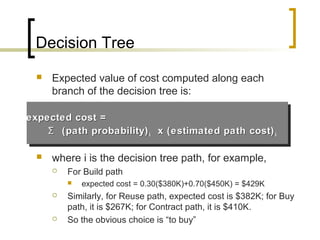  Expected value of cost computed along each
branch of the decision tree is:
 where i is the decision tree path, for example,
 For Build path
 expected cost = 0.30($380K)+0.70($450K) = $429K
 Similarly, for Reuse path, expected cost is $382K; for Buy
path, it is $267K; for Contract path, it is $410K.
 So the obvious choice is “to buy”
Decision Tree
ΣΣ (path probability)(path probability)ii x (estimated path cost)x (estimated path cost)ii
expected cost =expected cost =
 