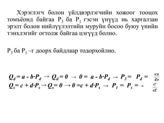 Хэрэглэгч болон үйлдвэрлэгчийн хожоог тооцох
томъёонд байгаа P3 ба P1 гэсэн үнүүд нь харгалзан
эрэлт болон нийлүүлэлтийн муруйн босоо буюу үнийн
тэнхлэгийг огтолж байгаа цэгүүд болно.
P3 ба P1 –г доорх байдлаар тодорхойлно.
Qd = a - b∙Pd Qd = 0 0 = a - b∙Pd P3 = Pd =
Qs= c + d∙Ps Qs= 0 0 =c + d∙Ps P1 = Ps = -
 