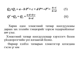 Qd=Qs→ a - b∙P*= c + d∙P*→P*=
𝒂−𝒄
𝒃+𝒅
(5)
Q* =Qd = Qs =
𝒂∙𝒅+𝒃∙𝒄
𝒃+𝒅
(6)
Харин одоо хэмжээний татвар ноогдуулсаны
дараах зах зээлийн тэнцвэрийг хэрхэн тодорхойлохыг
авч үзье.
Хэмжээний татвар ноогдуулснаар хэрэглэгч болон
үйлдвэрлэгчийн үнэ ялгааатай болно.
Өөрөөр хэлбэл татварын хэмжээгээр ялгагдана
гэсэн үг юм
 