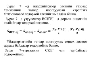 Зураг 7 –д илэрхийлснээр засгийн газраас
хэмжээний татвар ноогдуулсан хэрэглэгч
хожооноосоо тодорхой хэсгийг нь алдаж байна.
Зураг 7 –д үзүүлснээр BCE*E*
1 –д дөрвөн өнцөгийн
талбайгаар тодорхойлогдоно.
Үйлдвэрлэгчийн татвар ноогдуулах өмнөх хожоог
дараах байдлаар тодорхойлж болно.
Зураг 7–гурвалжин CKE* -ын талбайгаар
тодорхойлно.
𝑺 𝑩𝑪𝑬∗ 𝑬 𝟏
∗ = 𝑺∆𝑨𝑩𝑬 𝟏
∗ - 𝑺∆𝑨𝑪𝑬∗ =
𝑷 𝟐−𝑷∗ ∙𝑸∗
𝟐
−
𝑷 𝟐−𝑷 𝒅 ∙𝑸 𝟏
∗
𝟐
 