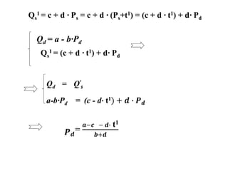 Qs
1 = c + d ∙ Ps = c + d ∙ (Ps+t1) = (c + d ∙ t1) + d∙ Pd
Qs
1 = (c + d ∙ t1) + d∙ Pd
Qd = Q’
s
a-b∙Pd = (c - d∙ t1) + 𝒅 ∙ 𝑷 𝒅
𝑷 𝒅
=
𝒂−𝒄 − 𝒅∙ t1
𝒃+𝒅
Qd = a - b∙Pd
 