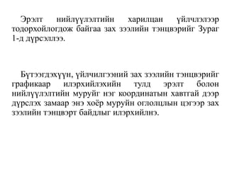 Эрэлт нийлүүлэлтийн харилцан үйлчлэлээр
тодорхойлогдож байгаа зах зээлийн тэнцвэрийг Зураг
1-д дүрсэллээ.
Бүтээгдэхүүн, үйлчилгээний зах зээлийн тэнцвэрийг
графикаар илэрхийлэхийн тулд эрэлт болон
нийлүүлэлтийн муруйг нэг координатын хавтгай дээр
дүрслэх замаар энэ хоёр муруйн оглолцлын цэгээр зах
зээлийн тэнцвэрт байдлыг илэрхийлнэ.
 
