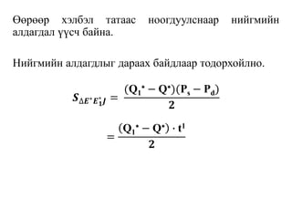 Өөрөөр хэлбэл татаас ноогдуулснаар нийгмийн
алдагдал үүсч байна.
Нийгмийн алдагдлыг дараах байдлаар тодорхойлно.
𝑺∆𝑬∗ 𝑬 𝟏
∗
𝑱 =
(Q1
∗ − Q∗)(Ps − Pd)
𝟐
=
Q1
∗ − Q∗ ∙ t1
𝟐
 
