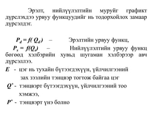 Эрэлт, нийлүүлэлтийн муруйг графикт
дүрслэхдээ урвуу функцуудийг нь тодорхойлох замаар
дүрсэлдэг.
Pd = f( Qd ) – Эрэлтийн урвуу функц,
Ps = f(Qs) – Нийлүүлэлтийн урвуу функц
бөгөөд хэлбэрийн хувьд шугаман хэлбэрээр авч
дүрсэллээ.
E - цэг нь тухайн бүтээгдэхүүн, үйлчилгээний
зах зээлийн тэнцвэр тогтож байгаа цэг
Q* - тэнцвэрт бүтээгдэхүүн, үйлчилгээний тоо
хэмжээ,
P* - тэнцвэрт үнэ болно
 