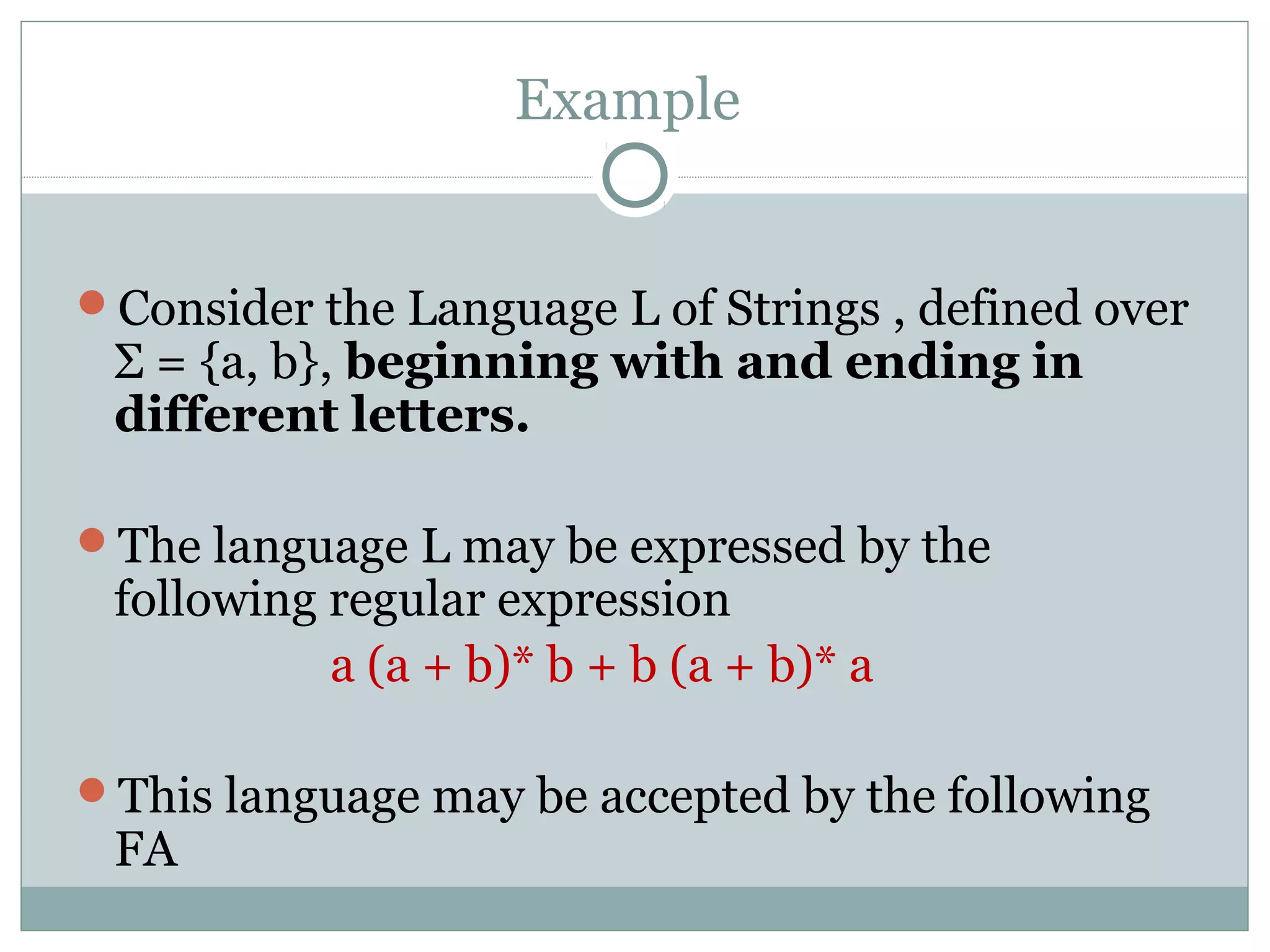 Example
Consider the Language L of Strings , defined over
Σ = {a, b}, beginning with and ending in
different letters.
The language L may be expressed by the
following regular expression
a (a + b)* b + b (a + b)* a
This language may be accepted by the following
FA
 