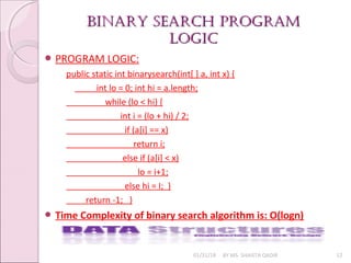 BINARY SEARCH pROGRAmBINARY SEARCH pROGRAm
lOGIClOGIC
01/31/18 BY MS. SHAISTA QADIR 12
 PROGRAM LOGIC:
public static int binarysearch(int[ ] a, int x) {
int lo = 0; int hi = a.length;
while (lo < hi) {
int i = (lo + hi) / 2;
if (a[i] == x)
return i;
else if (a[i] < x)
lo = i+1;
else hi = I; }
return -1; }
 Time Complexity of binary search algorithm is: O(logn)
 