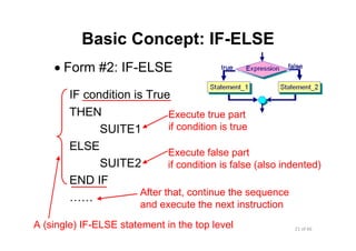 21 of 66Module 6 : Flow control
Basic Concept: IF-ELSE
• Form #2: IF-ELSE
IF condition is True
THEN
SUITE1
ELSE
SUITE2
END IF
……
Execute true part
if condition is true
After that, continue the sequence
and execute the next instruction
Execute false part
if condition is false (also indented)
A (single) IF-ELSE statement in the top level
 