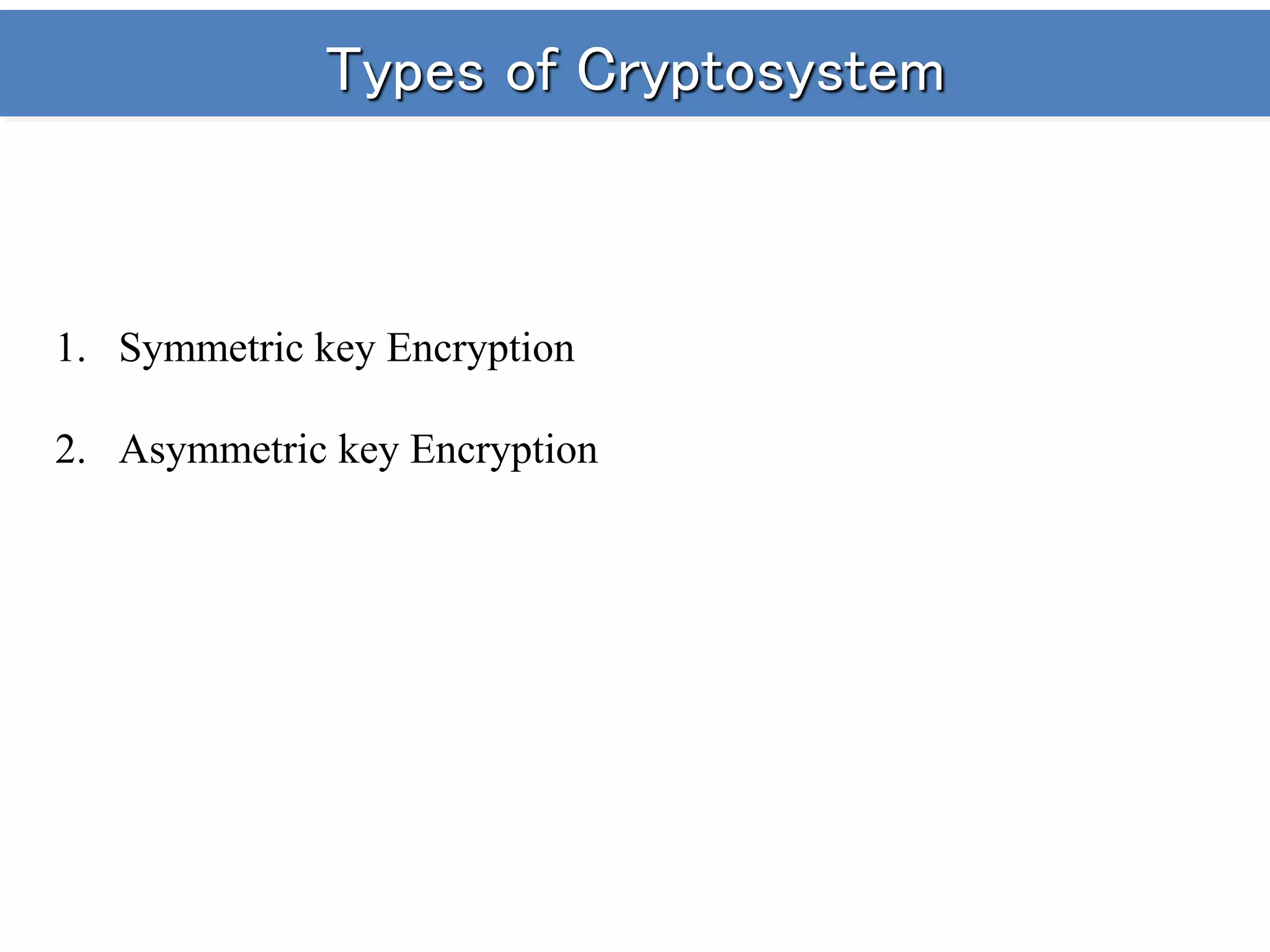 Types of Cryptosystem
1. Symmetric key Encryption
2. Asymmetric key Encryption
 