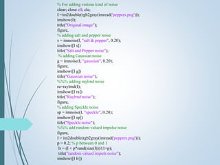 % For adding various kind of noise
clear; close all; clc;
I =im2double(rgb2gray(imread('peppers.png')));
imshow(I);
title("Original image");
figure,
% adding salt and pepper noise
s = imnoise(I, "salt & pepper", 0.20);
imshow([I s])
title("Salt and Pepper noise");
% adding Gaussian noise
g = imnoise(I, "gaussian", 0.20);
figure,
imshow([I g])
title("Gaussian noise");
%%% adding raylrnd noise
ra=raylrnd(I);
imshow([I ra])
title("Raylrnd noise");
figure,
% adding Speckle noise
sp = imnoise(I, "speckle", 0.20);
imshow([I sp])
title("Speckle noise");
%%% add random valued impulse noise
figure,
I = im2double(rgb2gray(imread('peppers.png')));
p = 0.2; % p between 0 and 1
Ir = (I + p*rand(size(I)))/(1+p);
title("random valued impuls noise");
imshow([I Ir])
 