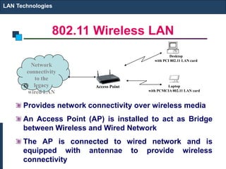 802.11 Wireless LAN
Provides network connectivity over wireless media
An Access Point (AP) is installed to act as Bridge
between Wireless and Wired Network
The AP is connected to wired network and is
equipped with antennae to provide wireless
connectivity
LAN Technologies
Network
connectivity
to the
legacy
wired LAN
Desktop
with PCI 802.11 LAN card
Laptop
with PCMCIA 802.11 LAN card
Access Point
 