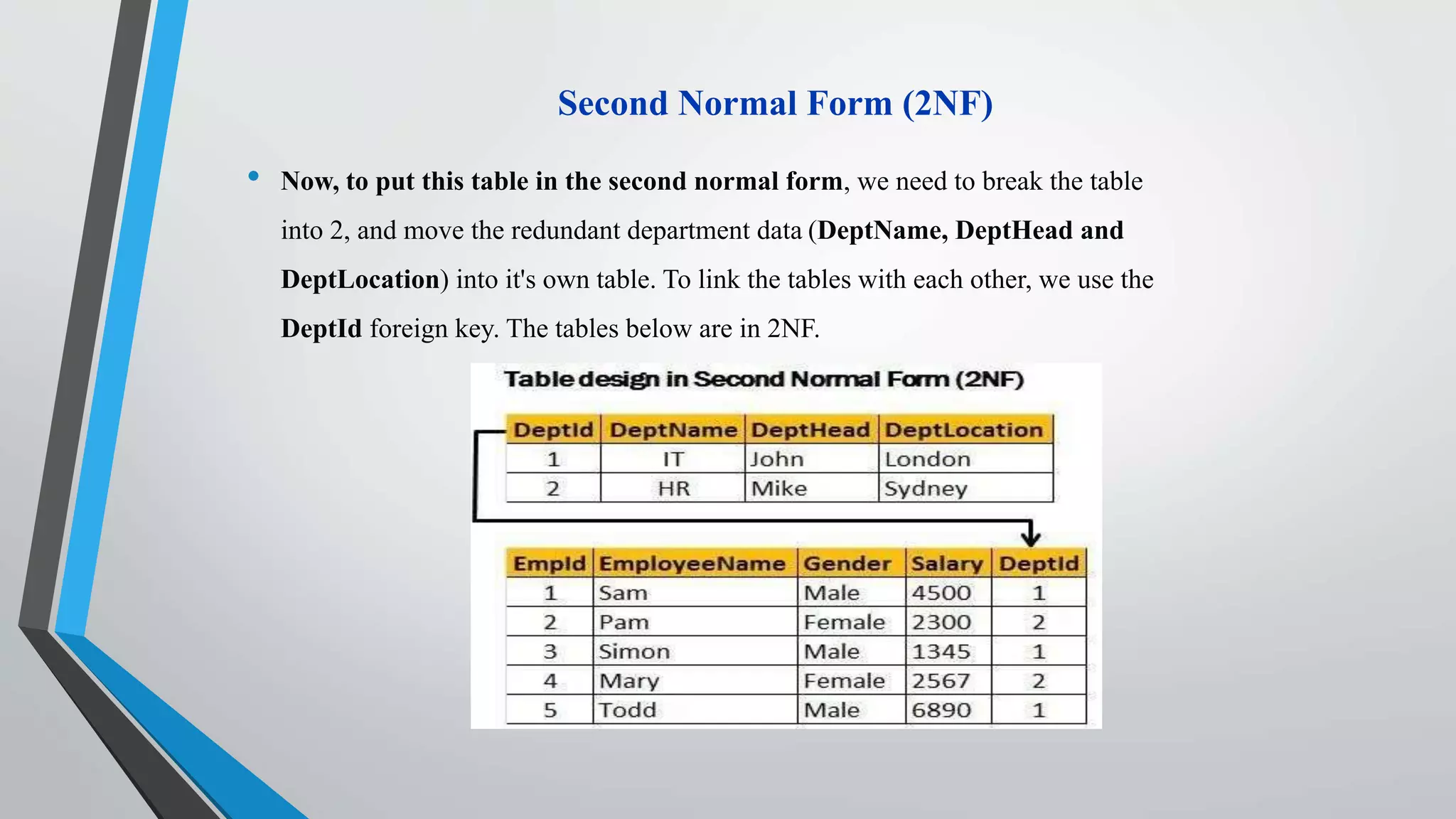 Second Normal Form (2NF)
• Now, to put this table in the second normal form, we need to break the table
into 2, and move the redundant department data (DeptName, DeptHead and
DeptLocation) into it's own table. To link the tables with each other, we use the
DeptId foreign key. The tables below are in 2NF.
 
