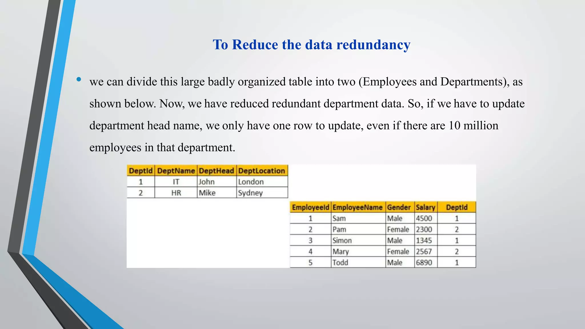 To Reduce the data redundancy
• we can divide this large badly organized table into two (Employees and Departments), as
shown below. Now, we have reduced redundant department data. So, if we have to update
department head name, we only have one row to update, even if there are 10 million
employees in that department.
 