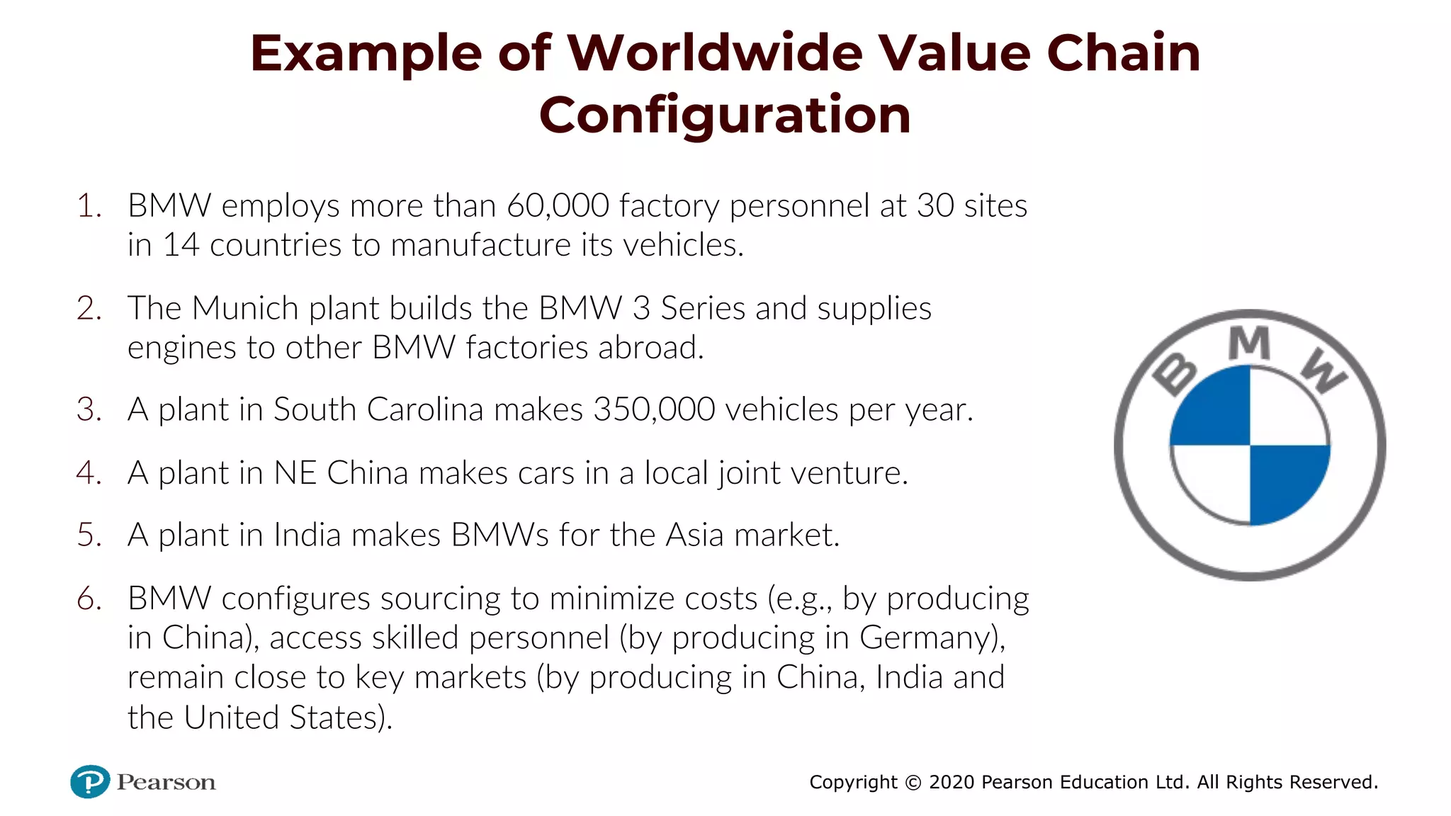 Copyright © 2020 Pearson Education Ltd. All Rights Reserved.
Example of Worldwide Value Chain
Configuration
1. BMW employs more than 60,000 factory personnel at 30 sites
in 14 countries to manufacture its vehicles.
2. The Munich plant builds the BMW 3 Series and supplies
engines to other BMW factories abroad.
3. A plant in South Carolina makes 350,000 vehicles per year.
4. A plant in NE China makes cars in a local joint venture.
5. A plant in India makes BMWs for the Asia market.
6. BMW configures sourcing to minimize costs (e.g., by producing
in China), access skilled personnel (by producing in Germany),
remain close to key markets (by producing in China, India and
the United States).
 