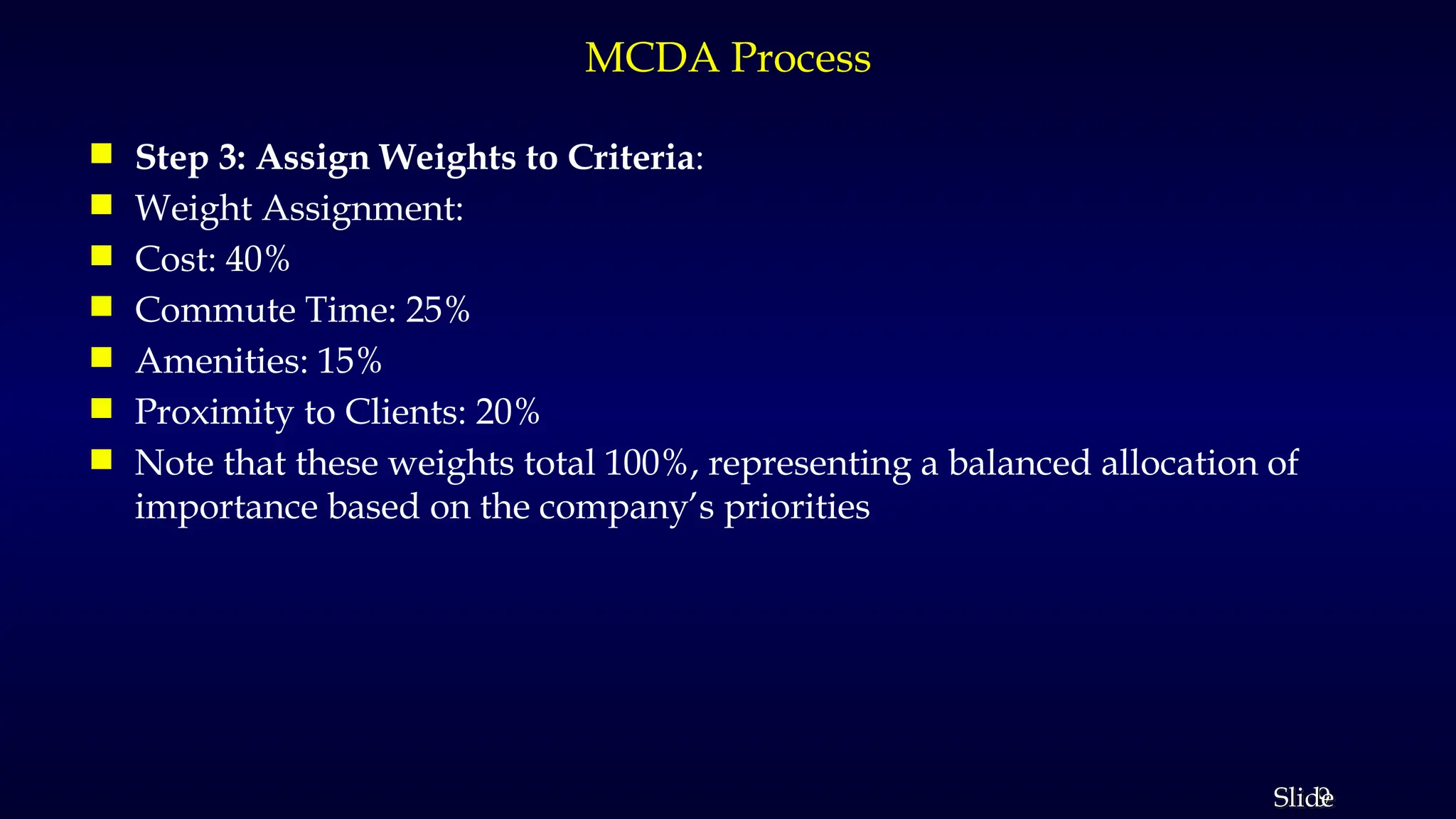 9
Slide
MCDA Process
 Step 3: Assign Weights to Criteria:
 Weight Assignment:
 Cost: 40%
 Commute Time: 25%
 Amenities: 15%
 Proximity to Clients: 20%
 Note that these weights total 100%, representing a balanced allocation of
importance based on the company’s priorities
 