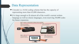 Data Representation
 Unicode is a 16-bit coding scheme that has the capacity of
representing more than 65,000 characters.
 It is large enough to fit almost all of the world’s current written
language as well as classic languages, even reserving 30,000 codes
for future expansion.
 