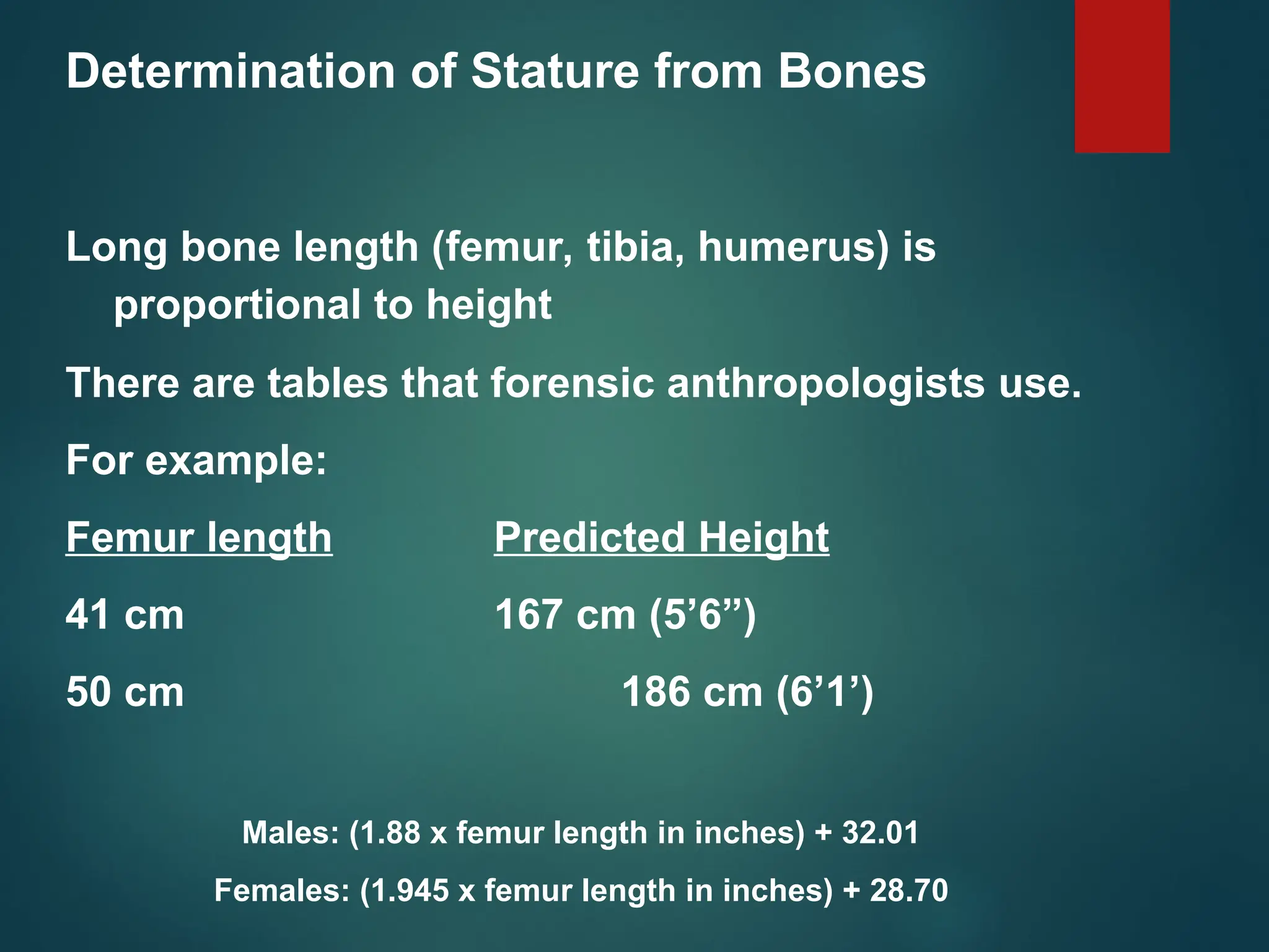 Determination of Stature from Bones
Long bone length (femur, tibia, humerus) is
proportional to height
There are tables that forensic anthropologists use.
For example:
Femur length Predicted Height
41 cm 167 cm (5’6”)
50 cm 186 cm (6’1’)
Males: (1.88 x femur length in inches) + 32.01
Females: (1.945 x femur length in inches) + 28.70
 