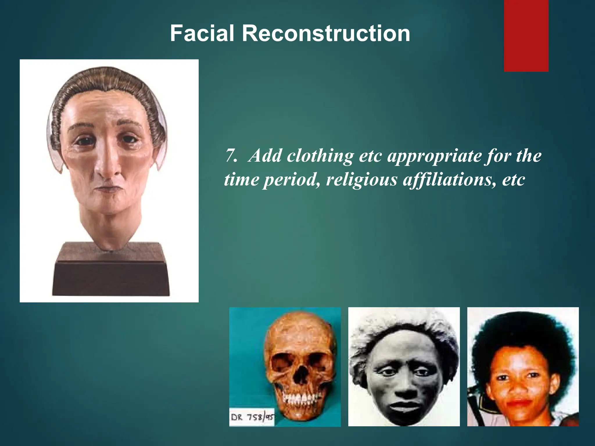Facial Reconstruction
7. Add clothing etc appropriate for the
time period, religious affiliations, etc
 