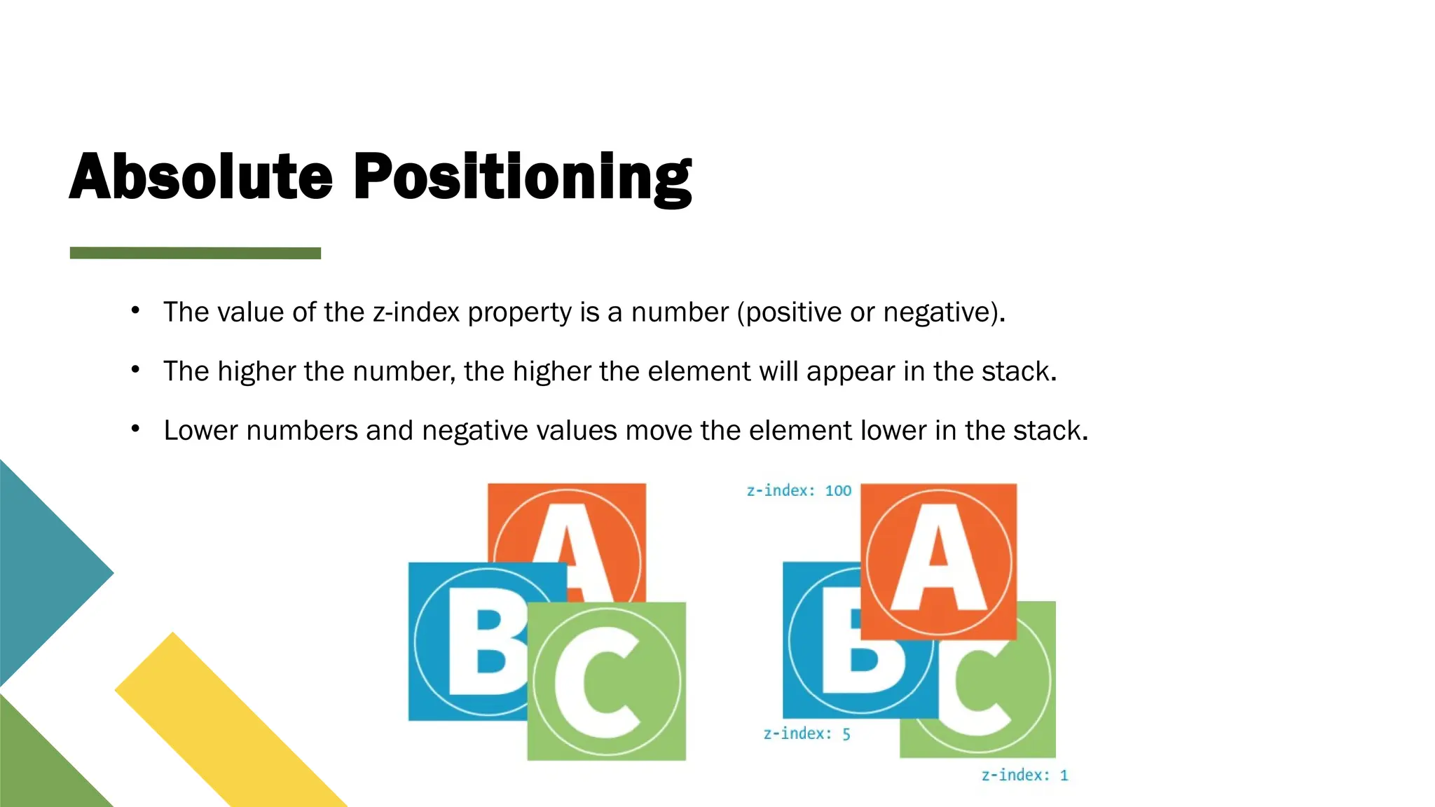 Absolute Positioning
• The value of the z-index property is a number (positive or negative).
• The higher the number, the higher the element will appear in the stack.
• Lower numbers and negative values move the element lower in the stack.
 