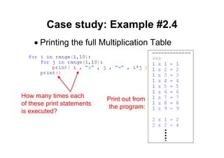 49 of 81Module 6 : Flow control
Case study: Example #2.4
• Printing the full Multiplication Table
Print out from
the program:
How many times each
of these print statements
is executed?
 