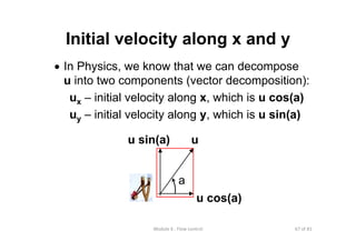 67 of 81Module 6 : Flow control
Initial velocity along x and y
• In Physics, we know that we can decompose
u into two components (vector decomposition):
ux – initial velocity along x, which is u cos(a)
uy – initial velocity along y, which is u sin(a)
u sin(a) u
a
u cos(a)
 