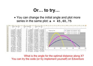 78 of 81Module 6 : Flow control
Or… to try…
• You can change the initial angle and plot more
series in the same plot: a = 45,60,75
What is the angle for the optimal distance along X?
You can try the code (or try implement yourself) on Edventure
 