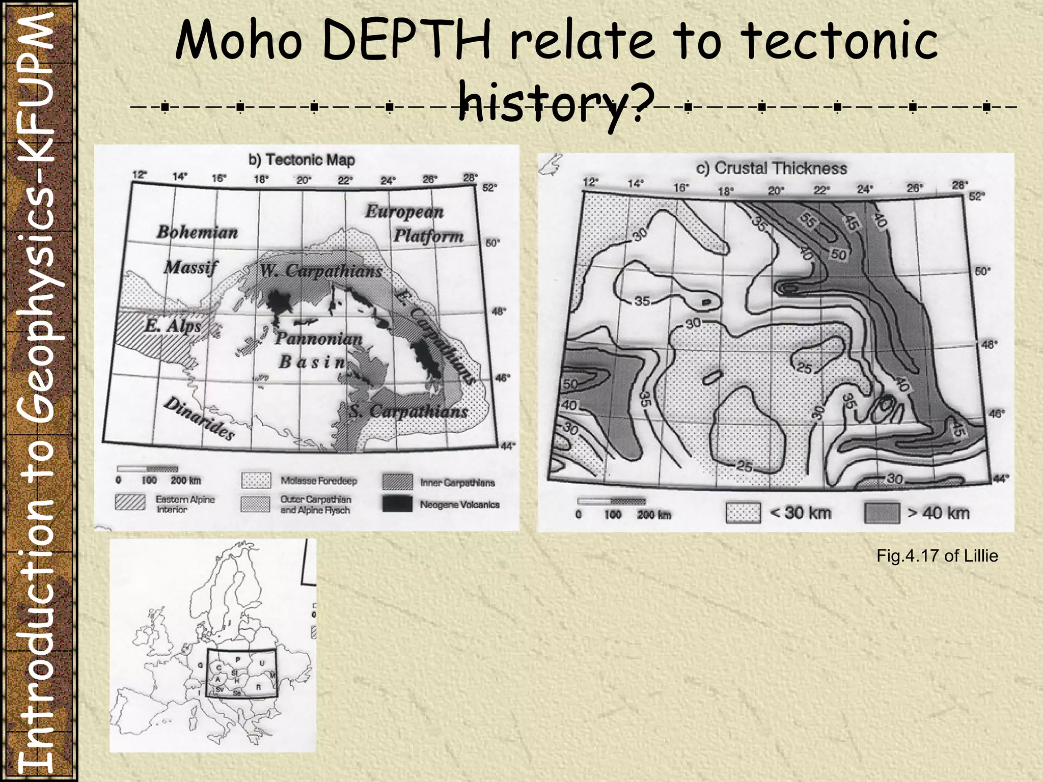 Moho DEPTH relate to tectonic history? Introduction to Geophysics-KFUPM Fig.4.17 of Lillie 