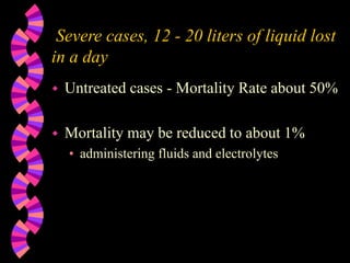 Severe cases, 12 - 20 liters of liquid lost
in a day
 Untreated cases - Mortality Rate about 50%
 Mortality may be reduced to about 1%
• administering fluids and electrolytes
 