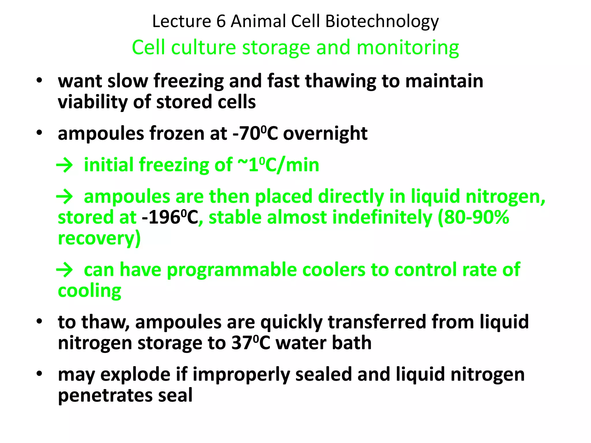 Lecture 6 Animal Cell Biotechnology Cell culture storage and monitoring want slow freezing and fast thawing to maintain viability of stored cells ampoules frozen at -70 0 C overnight  ->  initial freezing of ~1 0 C/min ->  ampoules are then placed directly in liquid nitrogen, stored at  -196 0 C , stable almost indefinitely (80-90% recovery) ->  can have programmable coolers to control rate of cooling to thaw, ampoules are quickly transferred from liquid nitrogen storage to 37 0 C water bath may explode if improperly sealed and liquid nitrogen penetrates seal  