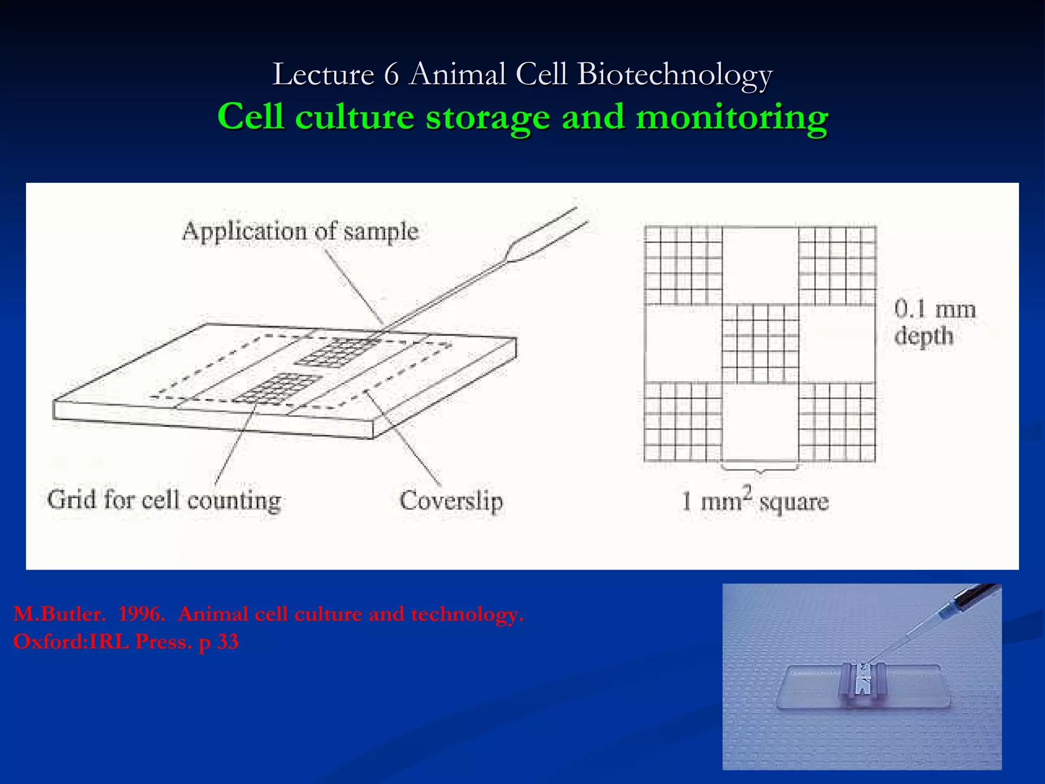 Lecture 6 Animal Cell Biotechnology Cell culture storage and monitoring M.Butler.  1996.  Animal cell culture and technology.  Oxford:IRL Press. p 33 
