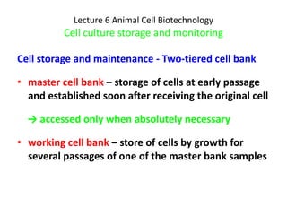 Lecture 6 Animal Cell Biotechnology Cell culture storage and monitoring ,[object Object],[object Object],[object Object],[object Object]