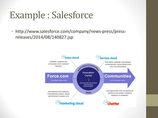 Example : Salesforce
• http://www.salesforce.com/company/news-press/press-
releases/2014/08/140827.jsp
 