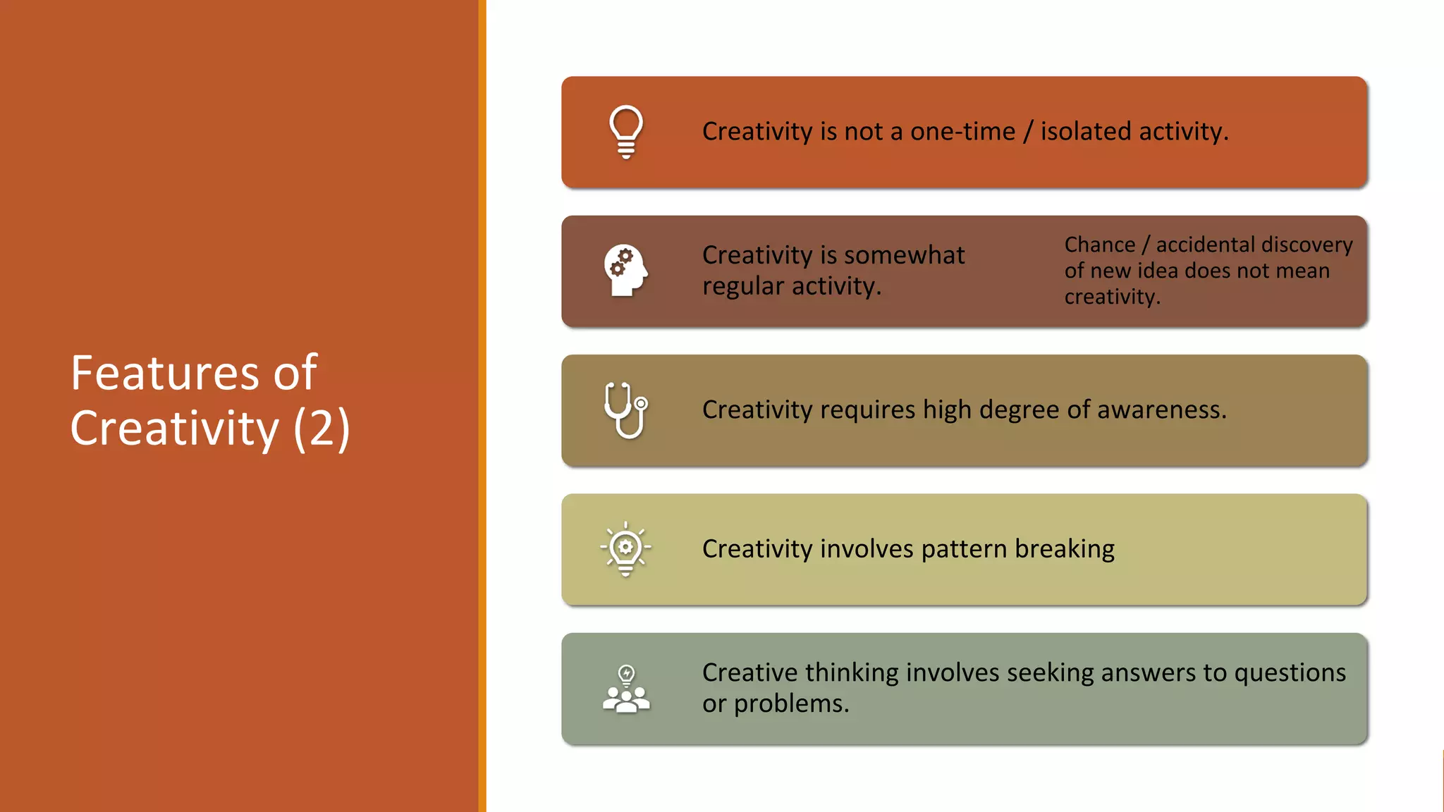 Features of
Creativity (2)
Creativity is not a one-time / isolated activity.
Creativity is somewhat
regular activity.
Chance / accidental discovery
of new idea does not mean
creativity.
Creativity requires high degree of awareness.
Creativity involves pattern breaking
Creative thinking involves seeking answers to questions
or problems.
Copyrights Reserved by Fariza Hanis Abdul Razak UiTM Malaysia
 
