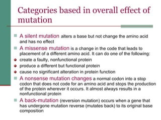 Categories based in overall effect of mutation A silent mutation   alters a base but not change the amino acid and has no effect A missense mutation  is a change in the code that leads to placement of a different amino acid. It can do one of the following: create a faulty, nonfunctional protein produce a different but functional protein cause no significant alteration in protein function A nonsense mutation changes  a normal codon into a stop codon that does not code for an amino acid and stops the production of the protein wherever it occurs. It almost always results in a nonfunctional protein A back-mutation  (reversion mutation)  occurs when a gene that has undergone mutation reverse (mutates back) to its original base composition 