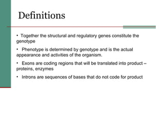 Definitions Together the structural and regulatory genes constitute the  genotype Phenotype  is determined by genotype and is the actual appearance and activities of the organism. Exons  are coding regions that will be translated into product – proteins, enzymes Introns  are sequences of bases that do not code for product 