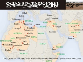 LIBYA
NIGERIA
KENYA
SOMALIA
YEMEN
Diabaly
MALI
EGYPTALGERIA PAKISTAN
AFGHANISTAN
TUNISIA
El Kef
Raqqa
ISRAEL
IRAQ
Batna
HasakahAzazTizi Ouzou
Sana
SYRIA
Bouira DernaKasserine
Khost
Benghazi
Fallujah
Ouargla
RawalpindiGhadamis
Ramadi
Sabha
Ghat
Tamanrasset Karachi
ArlitMAURITANIA
Konna
ArgadezNouakchott Timbuktu
Niamey
SUDAN
http://www.nytimes.com/2014/01/26/sunday-review/the-franchising-of-al-qaeda.html?_r=0
 