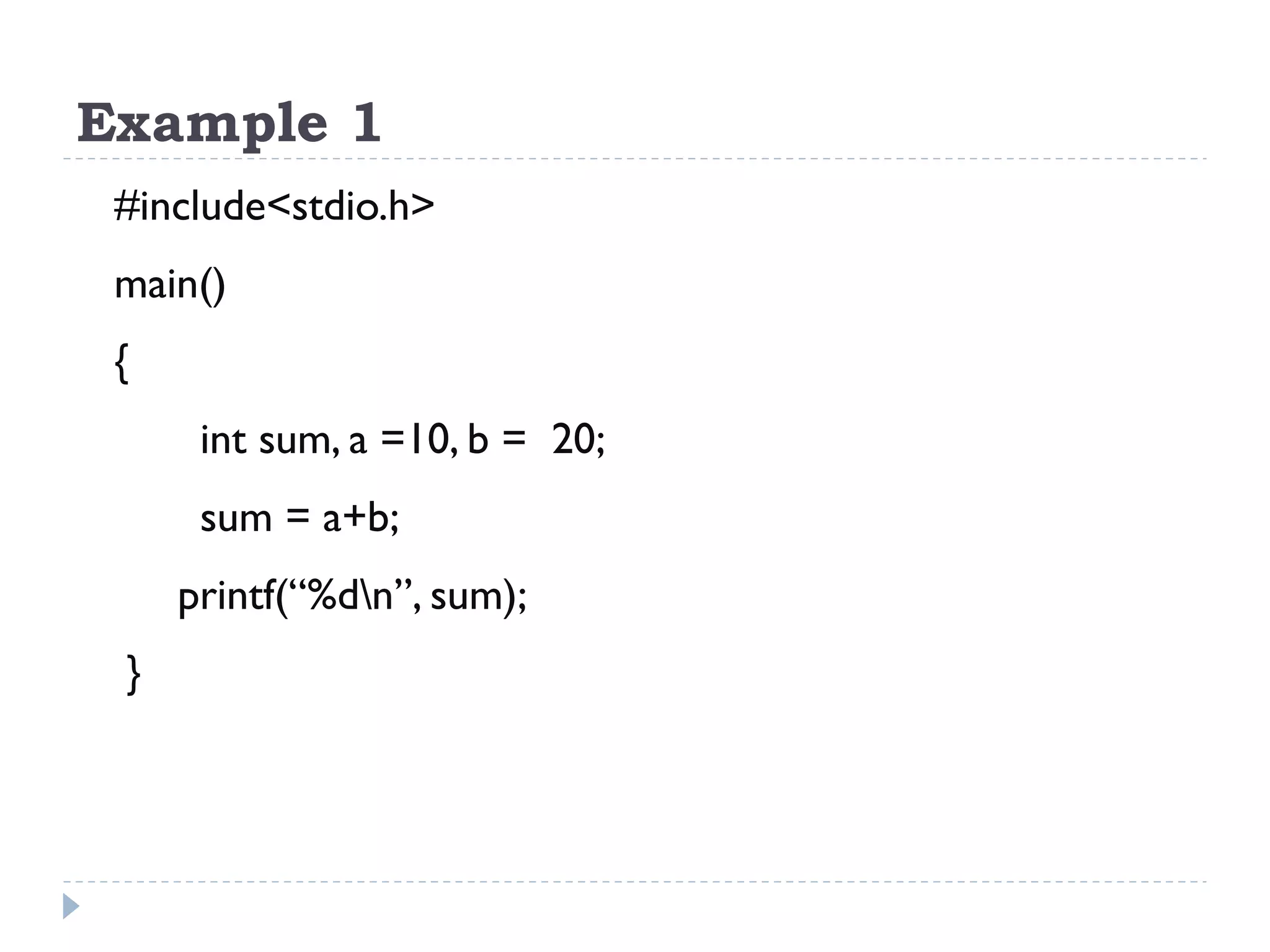 Example 1 #include<stdio.h> main() { int sum, a =10, b = 20; sum = a+b; printf(“%dn”, sum); } 