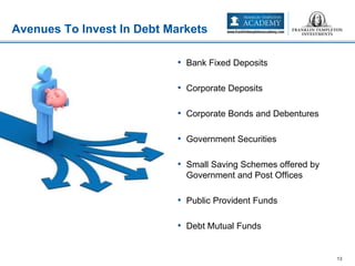 • Bank Fixed Deposits
• Corporate Deposits
• Corporate Bonds and Debentures
• Government Securities
• Small Saving Schemes offered by
Government and Post Offices
• Public Provident Funds
• Debt Mutual Funds
Avenues To Invest In Debt Markets
13
 