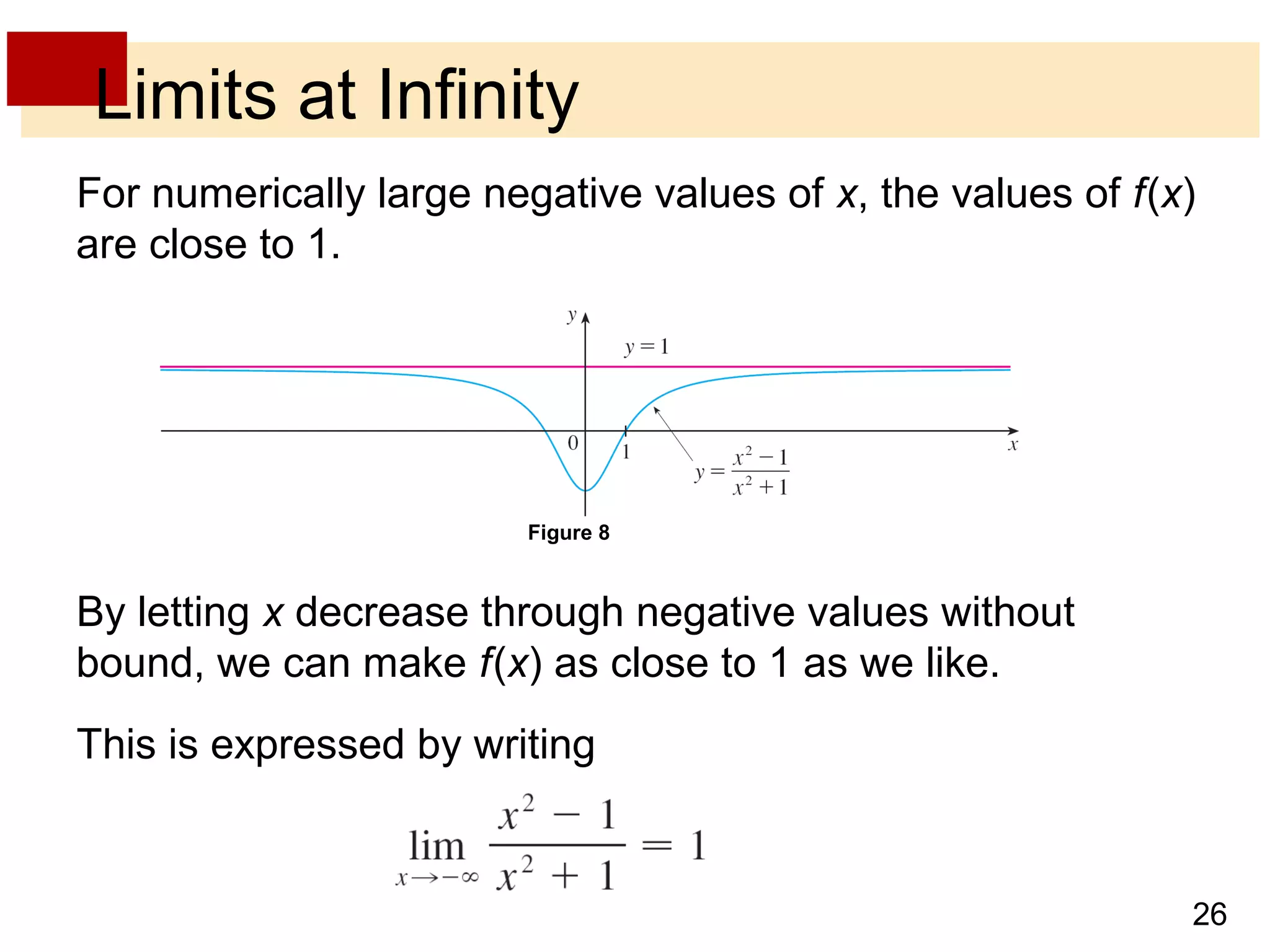 Limits at Infinity 
For numerically large negative values of x, the values of f (x) 
are close to 1. 
26 
Figure 8 
By letting x decrease through negative values without 
bound, we can make f (x) as close to 1 as we like. 
This is expressed by writing 
 